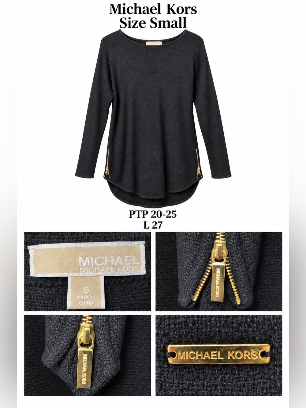 Michael Kors Black Long-Sleeve Knit Top with Gold Zipper Accents